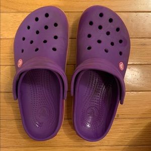 Purple Crocs with Pink and White Stripe